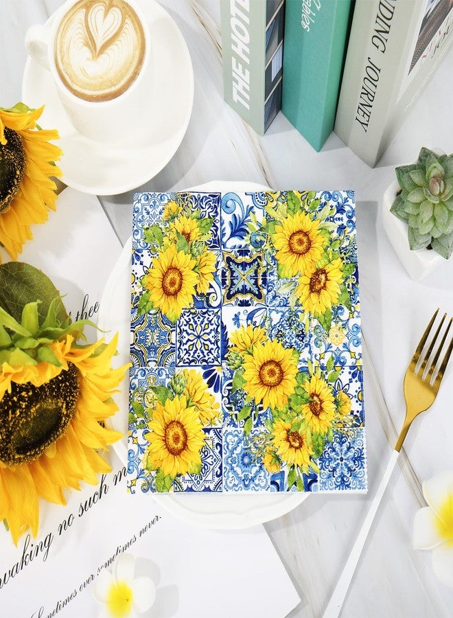 JarThenaAMCS مناديل ورقية من JarThenaAMCS، 80 قطعة، بتصميم زهور عباد الشمس، باللونين الأزرق والأصفر، للاستخدام مرة واحدة، مثالية لعشاء صيفي مزهر، ولحفلات الغداء، ولتزيين الحفلات. - Image 3